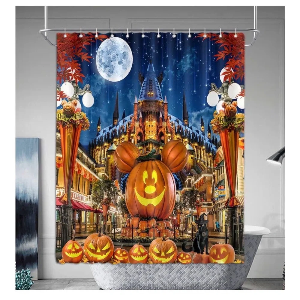 Pumpkin Mickey Mouse Halloween Shower Curtain, 72 x 72,Cartoon Pumpkin Castle